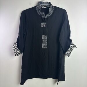 John Mark Tunic Womens Size L Black White Top Wire Collared Lagenlook Buttons